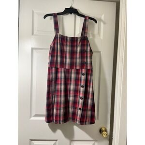 Wild Fable Red Plaid Pinafore Mini Dress Side‎ Button Jumper Large Womens